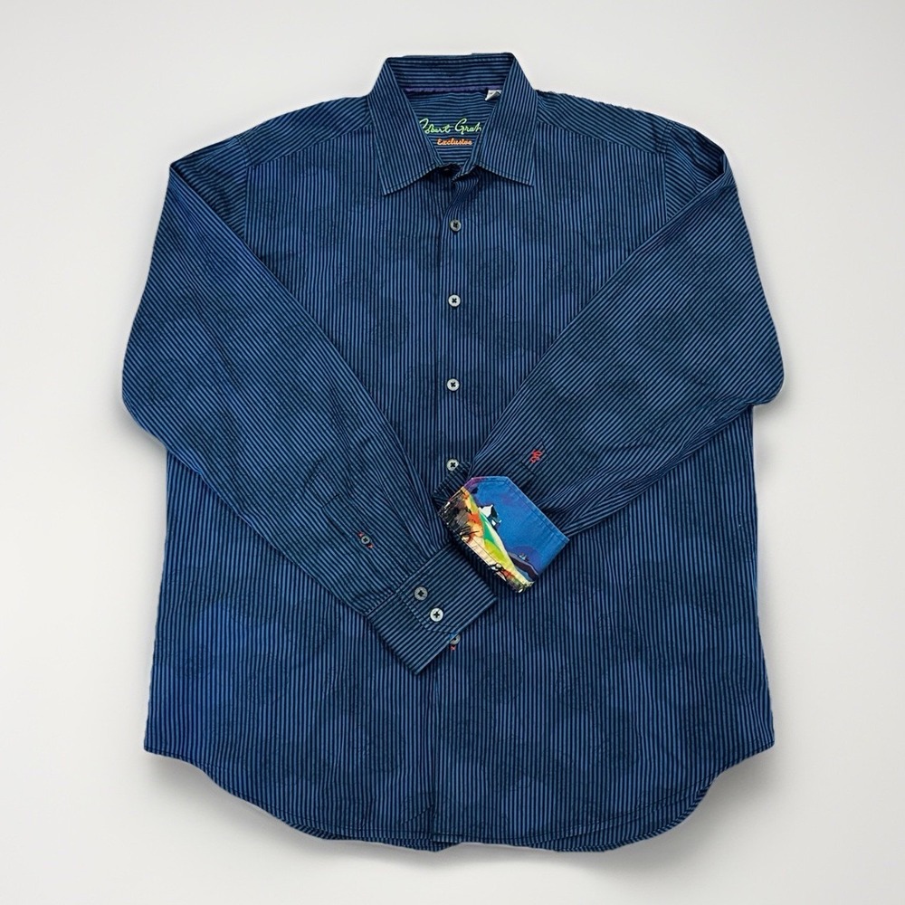 Robert Graham Exclusive Men's Shirt L Classic Fit Blue Stripe Floral 100% Cotton